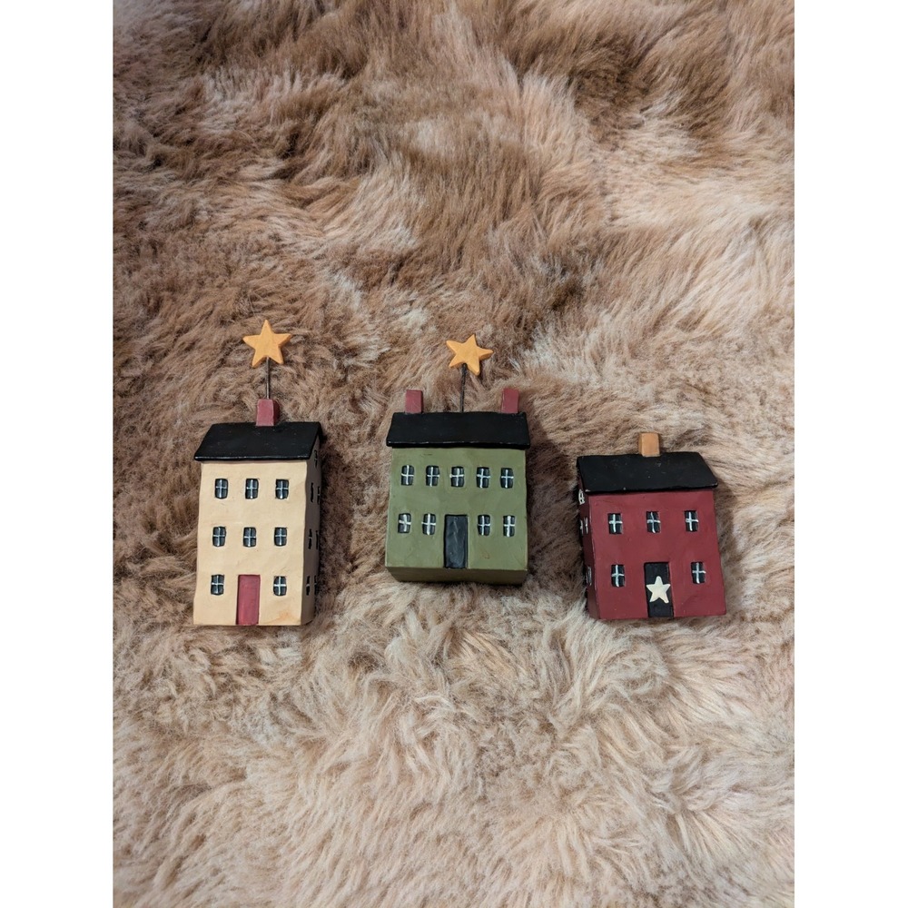 Blossom Bucket Primitive House Set 3 Figurines Barbara Lloyd Folk Art 2003 Wood